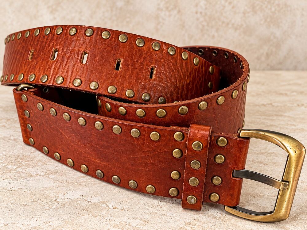 Caché brown Italian leather wide studded belt brass buckle western boho Y2K